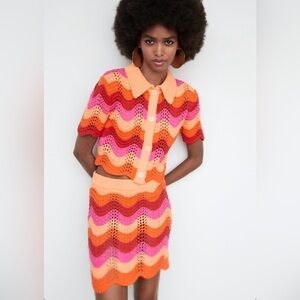 MNG Md Festival Season Rave Cottagecore Knitted Mini Skirt Lace Accents Red Pink